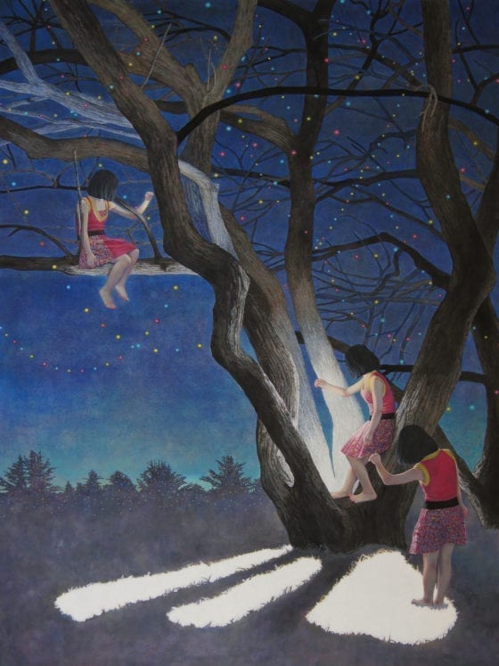 Illustration of three little girls cli bing a tree