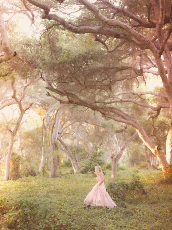 A woman walking in a pink grown through a forest