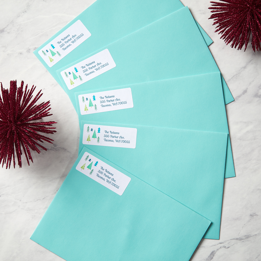A row of teal envelopes with labels