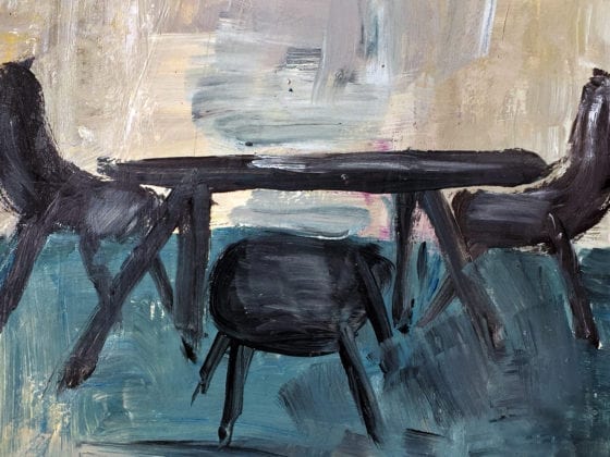 An illustration of a table and three chairs at a cafe