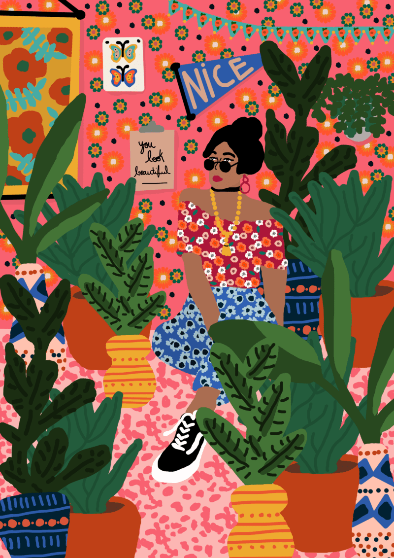 An illustration of a girl seated on her room and looking over her shoulder surrounded by plants.