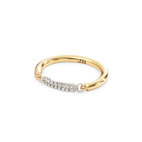 A gold ring with a set of diamonds in the front