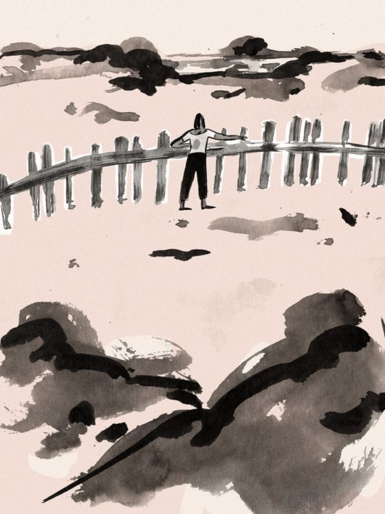 An illustration of a girl standing by a fence outside