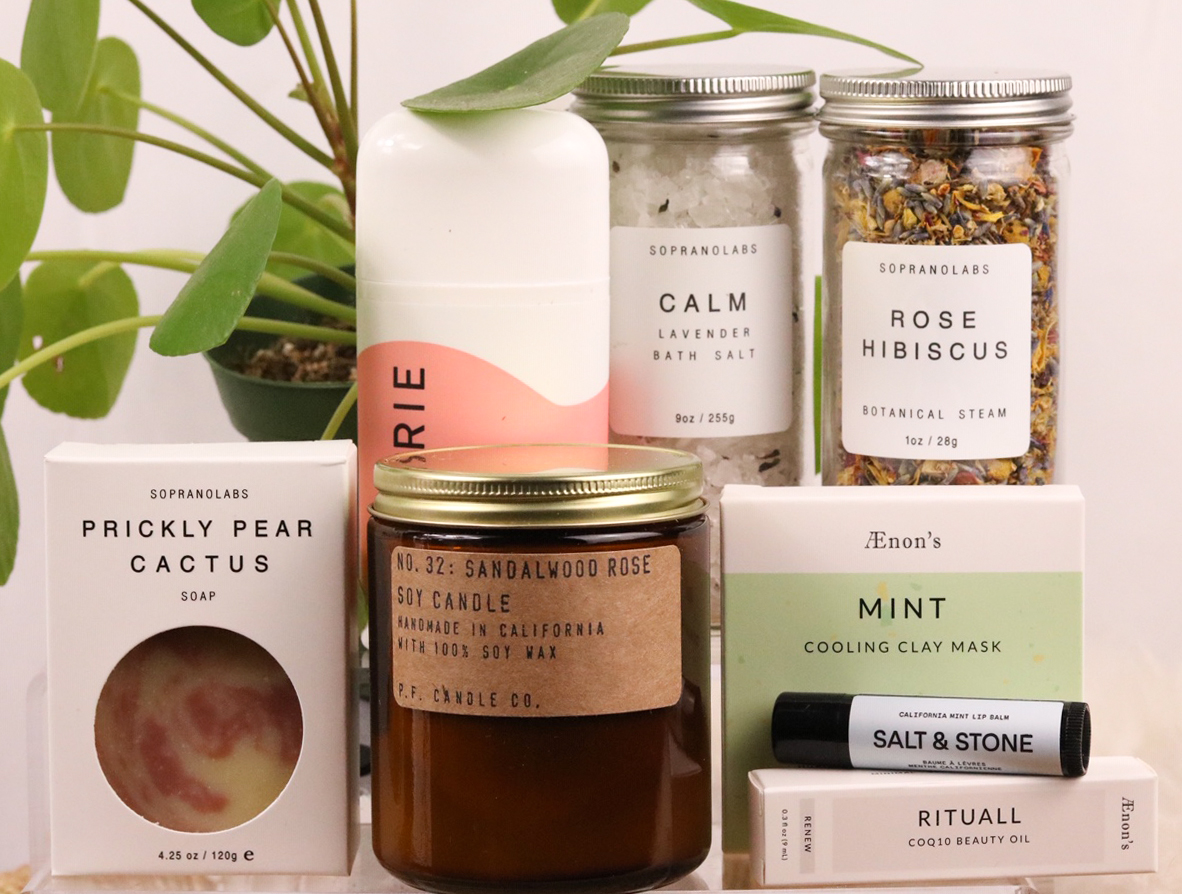 A care package of at-home skincare and beauty products