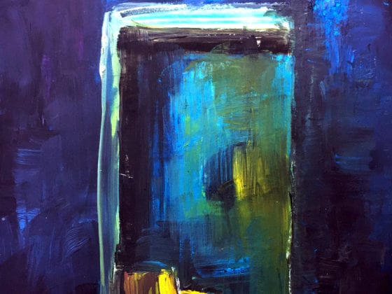 An oil painting of a chair in a doorway