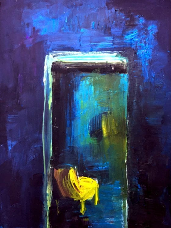 An oil painting of a chair in a doorway