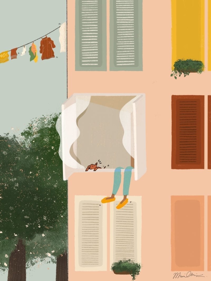 An illustration of a woman with her feet hanging out her window
