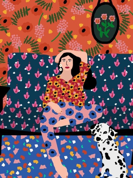 An illustration of a woman seated on her sofa with her Dalmatian seated on the floor in front of her
