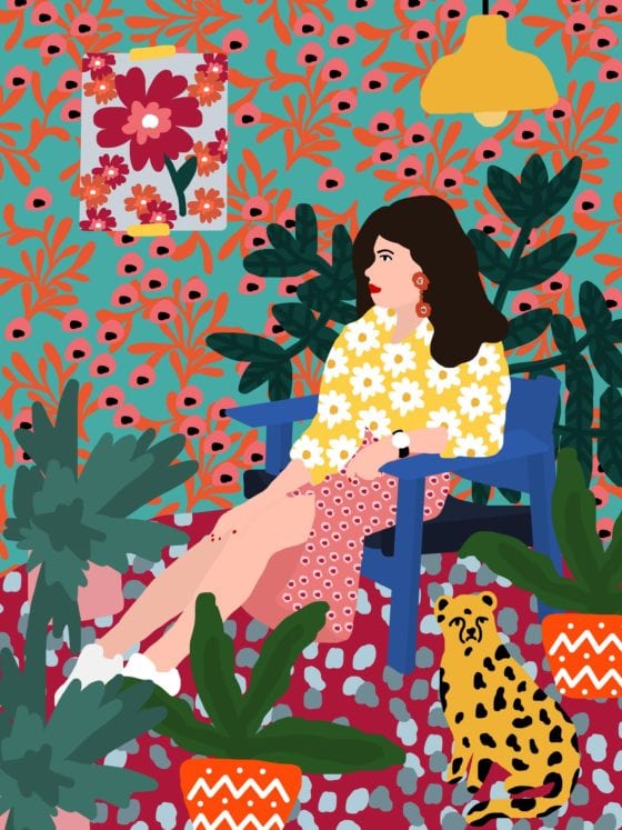An illustration of a young woman in a brightly colored room seated in a chair surrounded by potted plans and a pet dog seated next to her on the floor