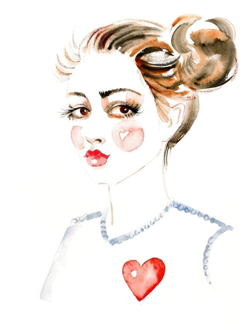 An illustration of a young girl with rosy cheeks and a t-shirt with a heart on it