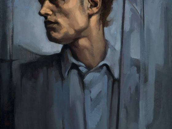 An illustration of a side profile of a man looking over his shoulder