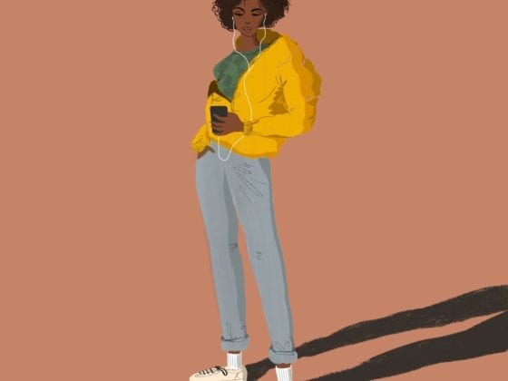 An illustration of a black woman listening to music from her phone with headphones