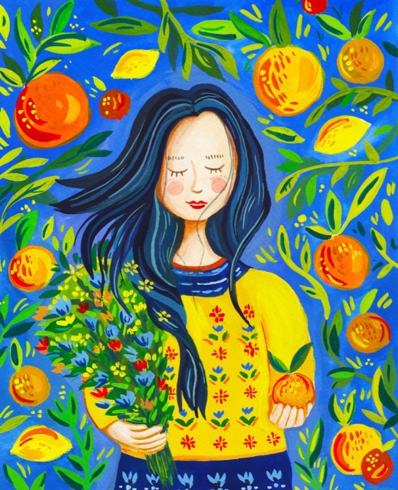 An illustration of a girl surrounded by plants as she hold flowers