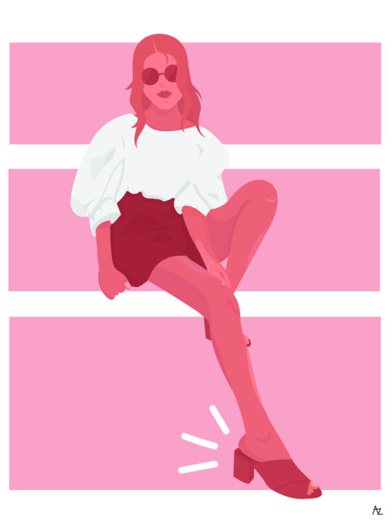 An illustration of a girl seated in high-waisted shorts and heeled open-toed shoes with an emphasis on her right foot