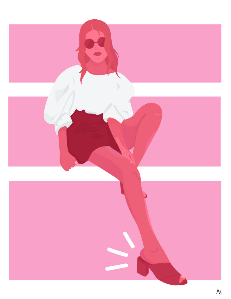 An illustration of a girl seated in high-waisted shorts and heeled open-toed shoes with an emphasis on her right foot