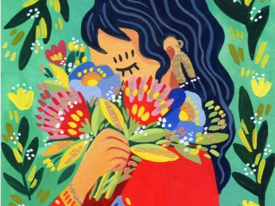 An illustration of a girl with dark, long hair holding a bouquet that covers her face
