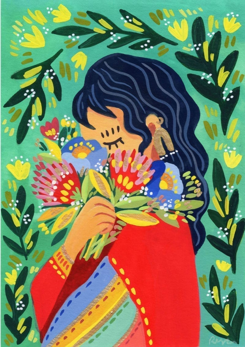 An illustration of a girl with dark, long hair holding a bouquet that covers her face