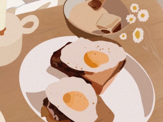 An illustration of a eggs on toast and a pan on a stove in the background