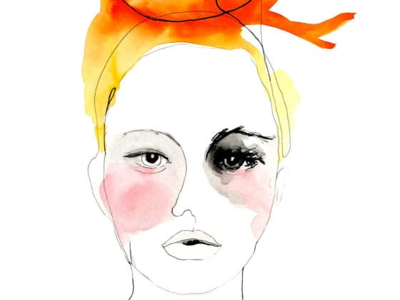 An illustration of a blonde woman with her hair in a top bun and tied with a bow