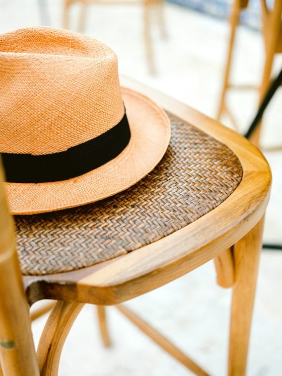 A straw hat on a wooden chair