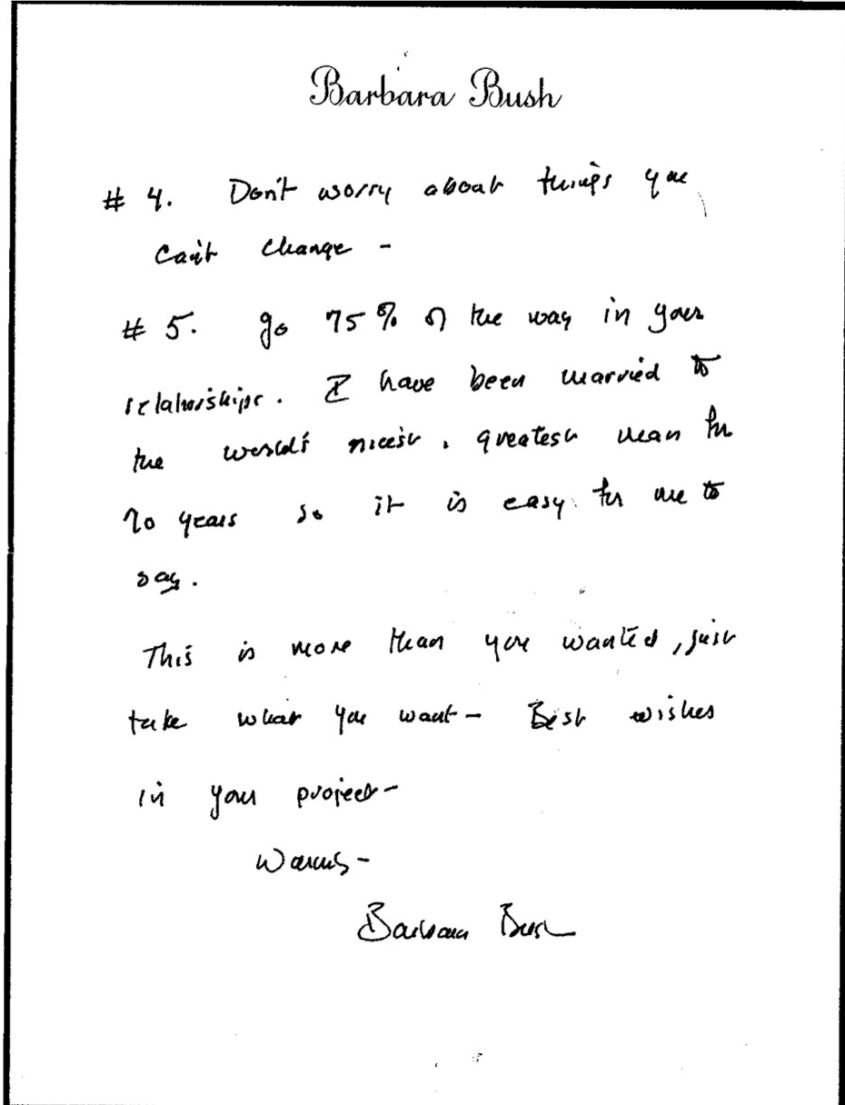 A handwritten letter from former First Lady Barbara Bush