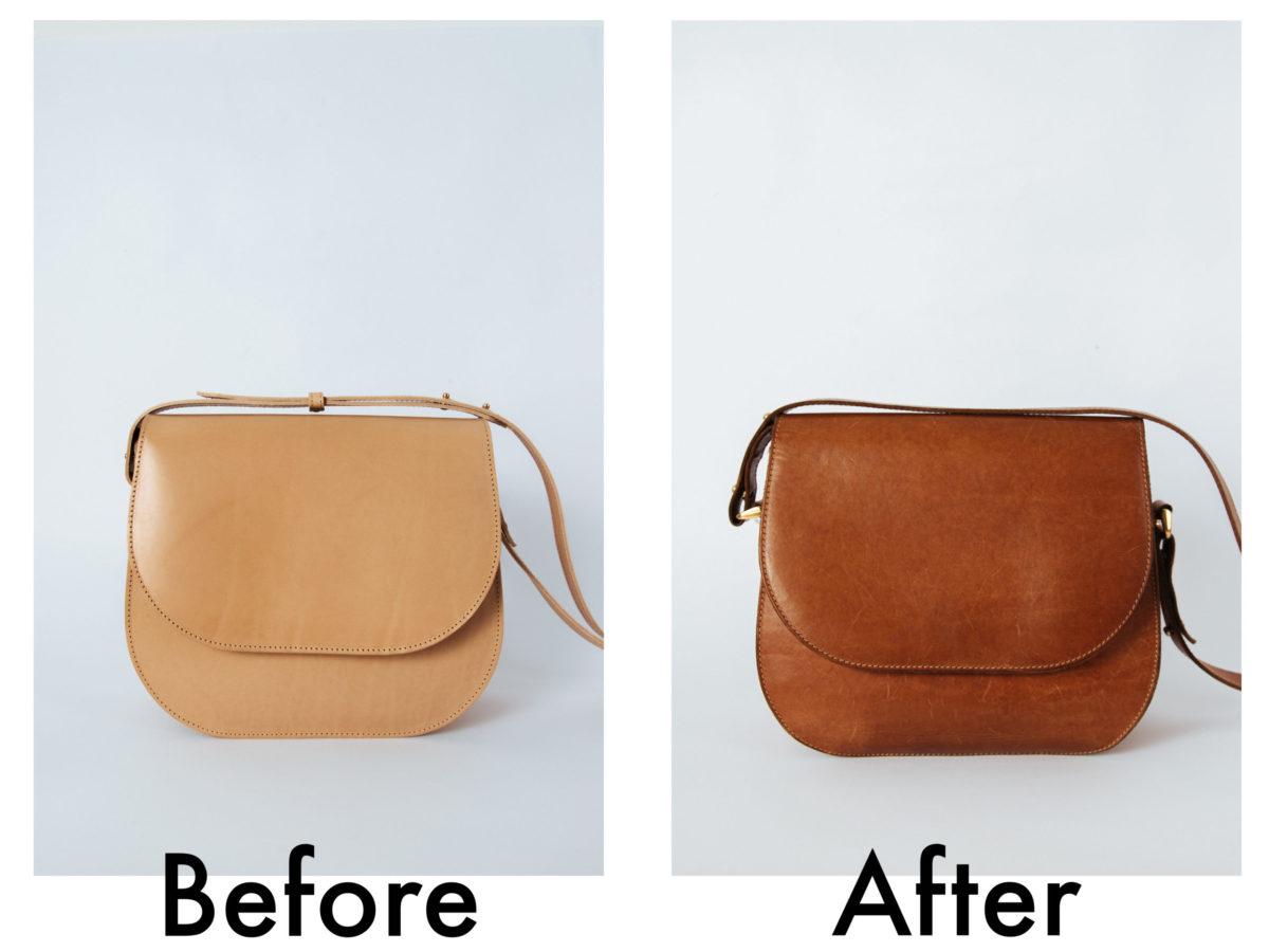 A before and after of a brown leather purse after it has aged