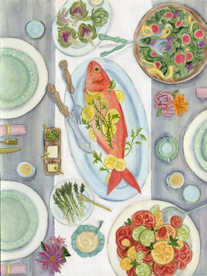 An illustration of a table with food and dinner plates set for dinner