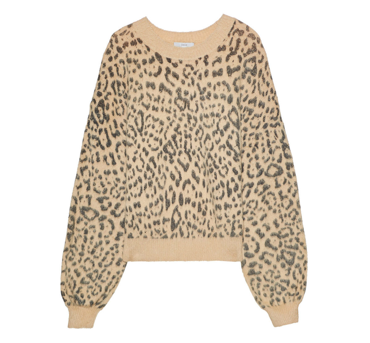 A cheetah print crew neck sweater