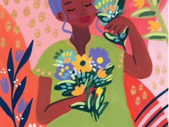 An illustration of a black woman holding bouquets of flowers