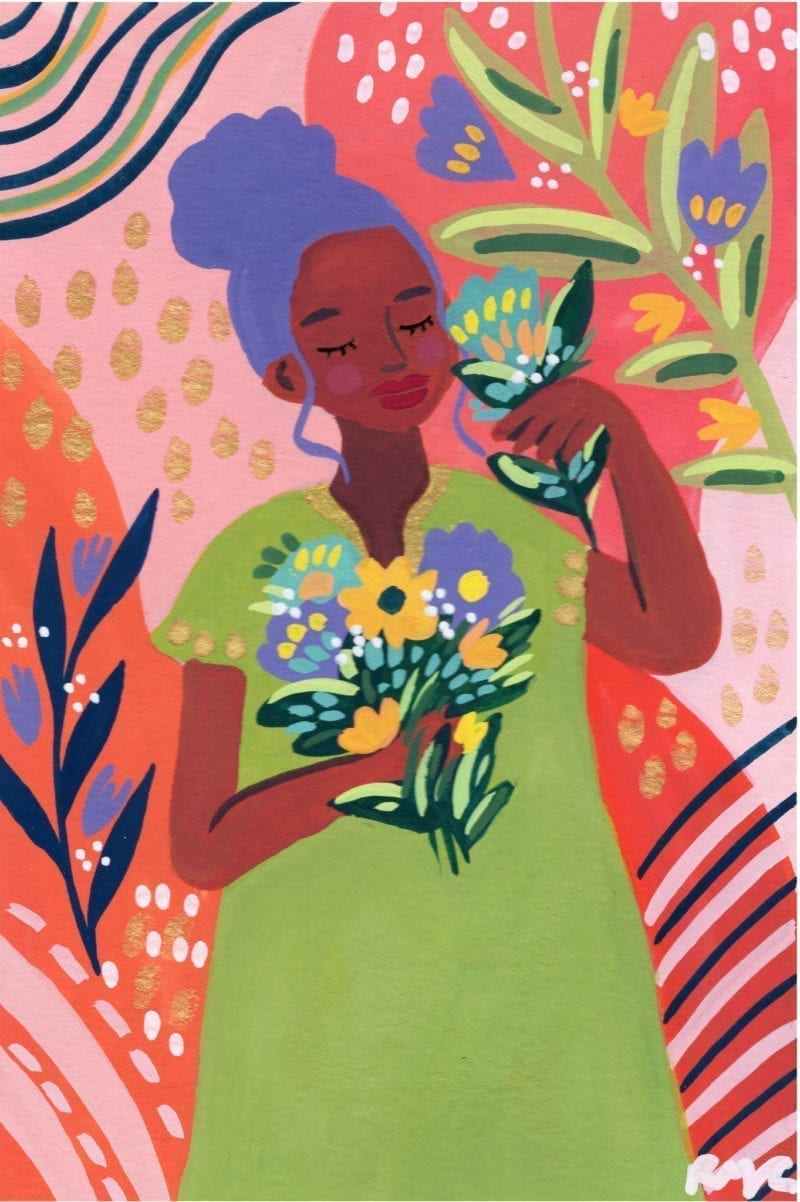 An illustration of a black woman holding bouquets of flowers