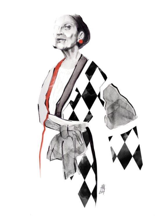 An illustration of an older woman in a kimono