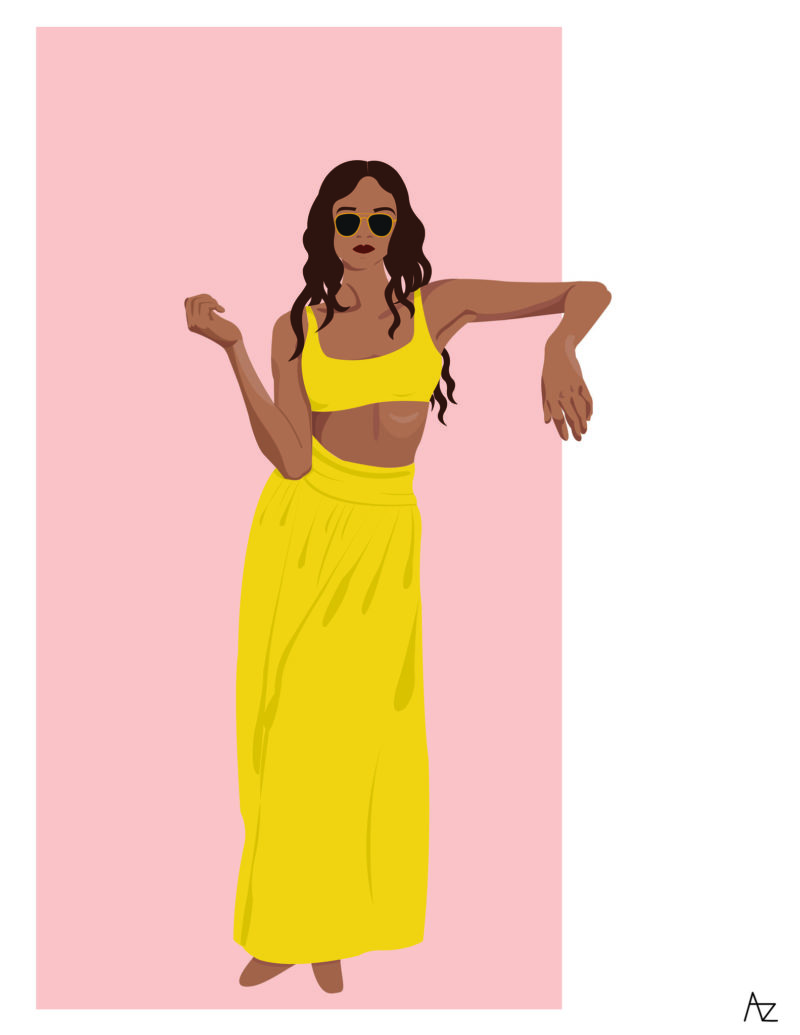 An illustration of a girl in a crop top and maxi skirt with sunglasses on