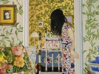 An illustration of a woman standing by the interior of a bedroom doorway