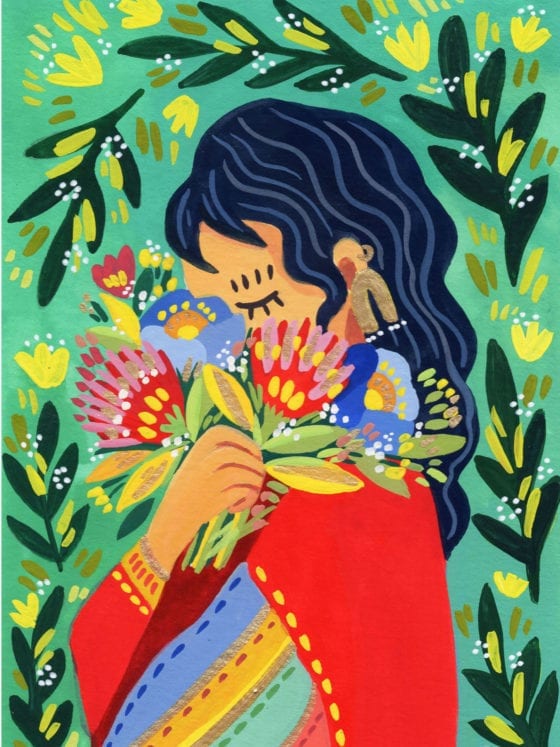 An illustration of a woman holding a bouquet of flowers that covers her face