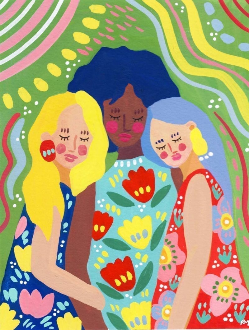 An illustration of three women of different ethnicities hugging